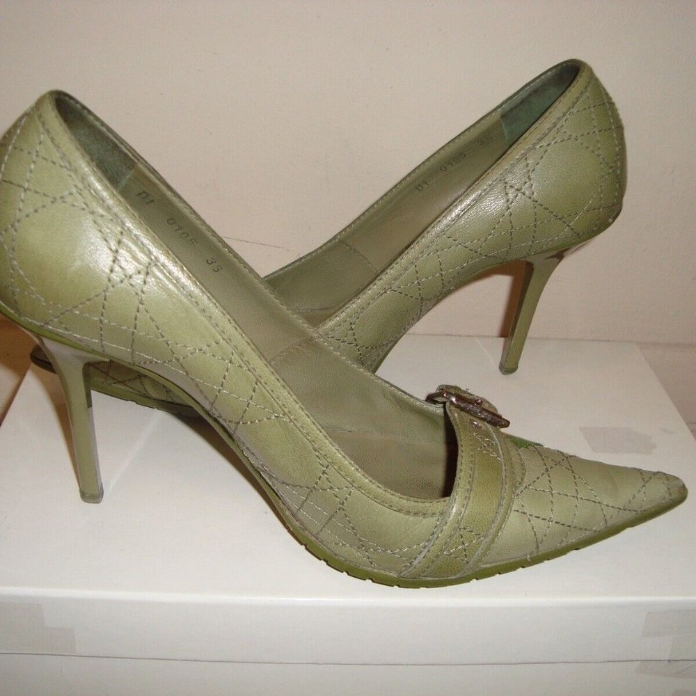 Authentic christian dior green stiletto pointy pump shoe silver buckle size 38